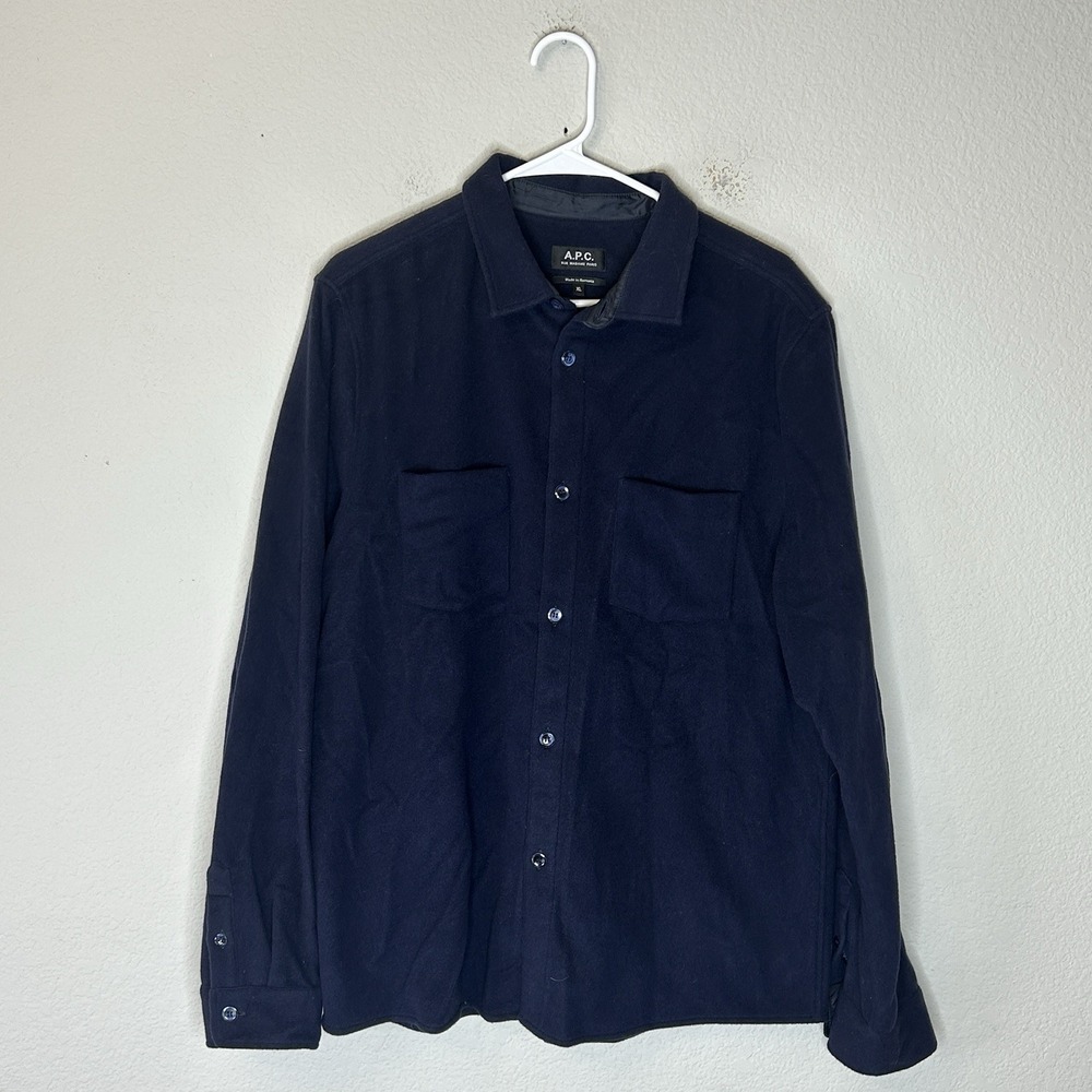 APC Wool Blend Button Up Overshirt Navy Blue Long Sleeve Men's Size XL A.P.C.